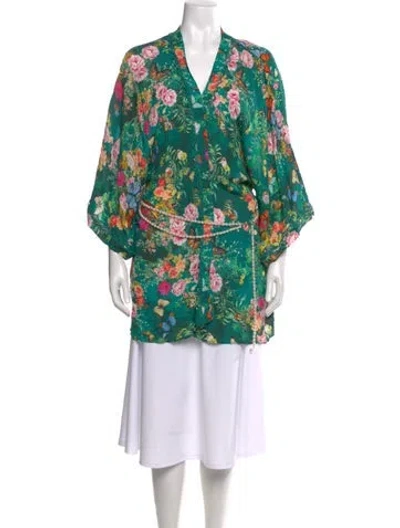 Pre-owned L'agence Floral Print V-neck Blouse In Green