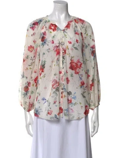 Pre-owned L'agence Floral Print V-neck Blouse In White