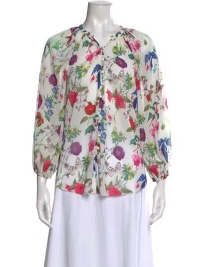Pre-owned L'agence Floral Print V-neck Blouse In White