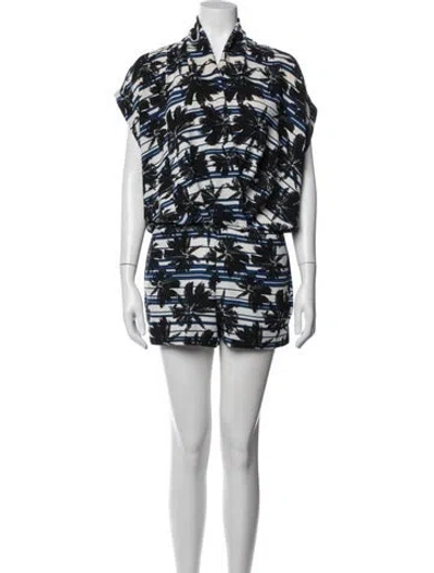 Pre-owned L'agence Floral Print V-neck Romper In Blue/white