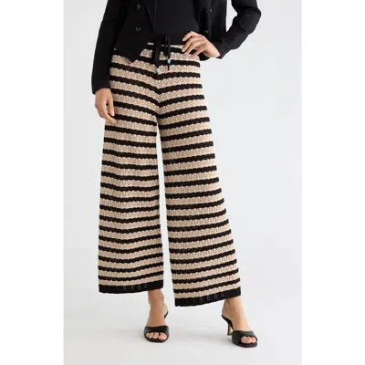 L'agence Gaelle Pointelle Knit Wide Leg Ankle Pants In Black/natural Stripe