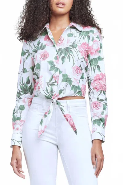L'agence Gaia Tie Front Blouse In Rosa Print In Blue