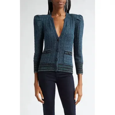 L'agence Jenni Puff Sleeve Cardigan In Dark Teal Waffle Knit In Blue