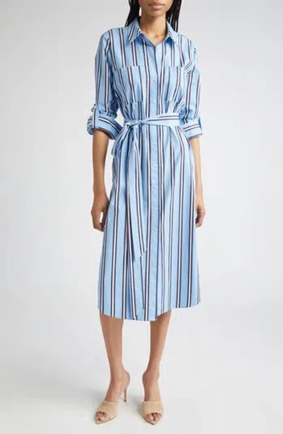 L'agence Jubilee Stripe Belted Long Sleeve Cotton Shirtdress In Blue