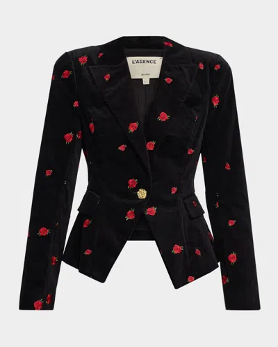 L'agence Kaisley Embroidered Velvet Single-breasted Blazer In Black
