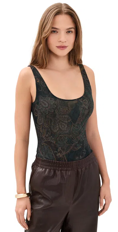 L'agence Kalea Scoop Neck Thong Bodysuit Midnight Multi Lux Paisley In Green