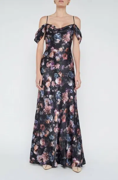 L'agence Kenna Floral Print Cold Shoulder Silk Maxi Dress In Black Multi Vintage Oil Flower