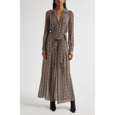 L'agence Klaudia Print Tie Waist Long Sleeve Silk Maxi Shirtdress In Brown