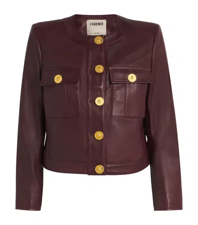 L'agence Leather Collarless Deidra Jacket In Burgundy