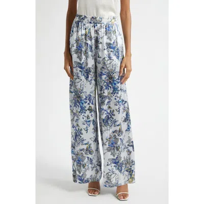 L'agence Lillian Butterfly Print Wide Leg Silk Pants In Blue