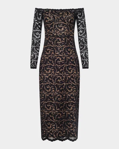 L'agence Lindsay Sequined Lace Off-shoulder Midi Dress In Black