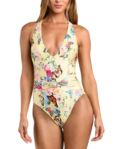 L'agence Lisa Garden Butterflies Plunge One Piece Swimsuit In Yellow
