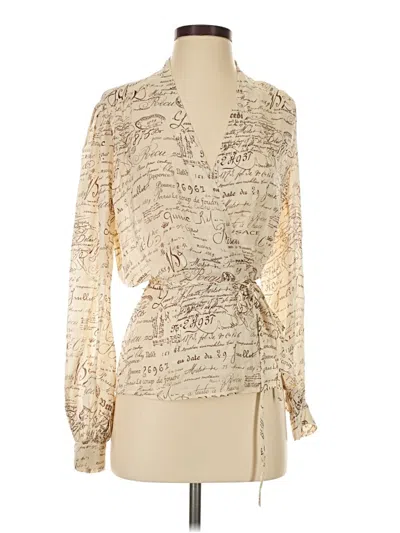 L'agence Long Sleeve Silk Top Ivory Plunge Neckline Tops In Brown