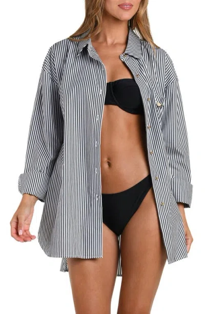 L'agence Lorena Voyage Stripe Oversize Cotton Poplin Cover-up Button-up Shirt In Gray