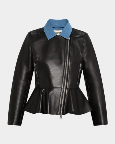 L'agence Lyric Leather Peplum-hem Biker Jacket In Black