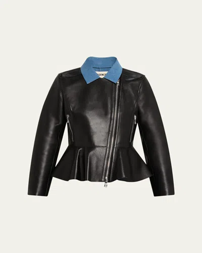 L'agence Lyric Leather Peplum-hem Biker Jacket In Black