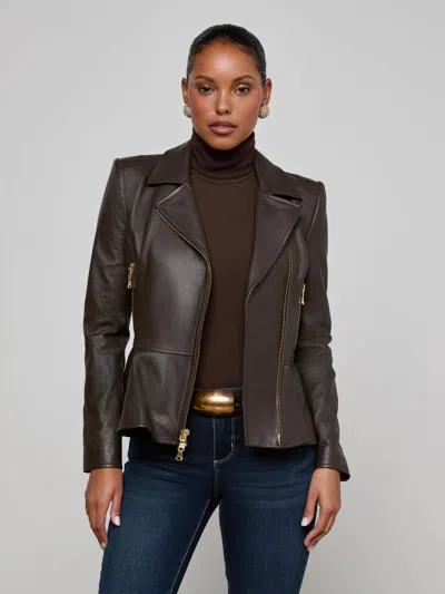 L'agence Lyric Leather Peplum Jacket In Brown