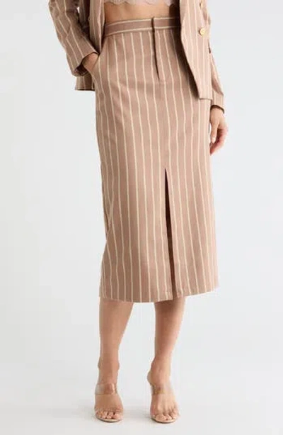 L'agence Madonna Stripe Front Slit Midi Skirt In Chocolate Malt/ Ecru/ Gold