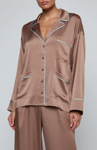 L'agence Mara Satin Button-up Shirt In Brown