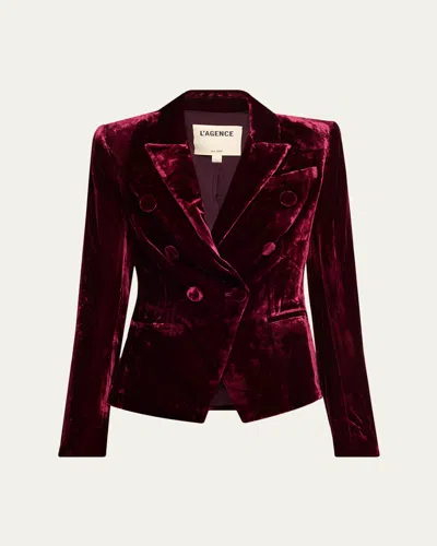 L'agence Marie Velvet Double-breasted Blazer In Burgundy