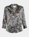 L'agence Dani Print Three-quarter Sleeve Silk Button-up Shirt In Black