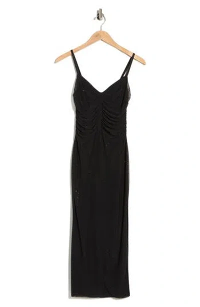 L'agence Narissa Rhinestone Embellished Shirred Mesh Midi Dress In Black