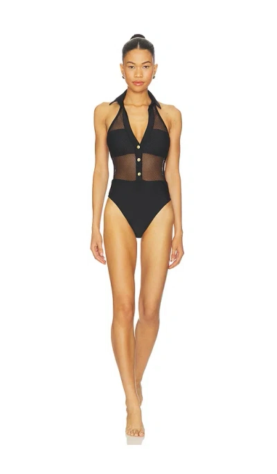 L'agence Natalya Collared Mesh Solid One Piece Swimsuit In Black