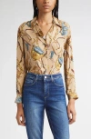 L'agence Nina Chain Print Silk Button-up Shirt In Yellow