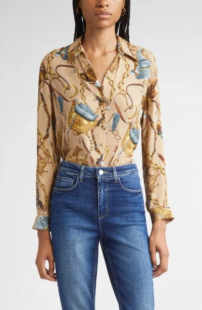 L'agence Nina Chain Print Silk Button-up Shirt In Yellow