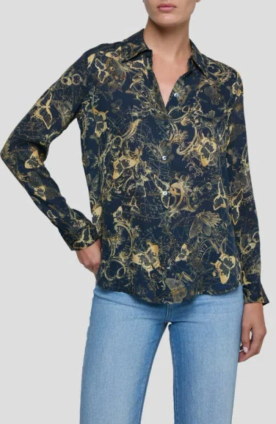 L'agence Nina Zodiac Toile Print Silk Button-up Shirt In Blue