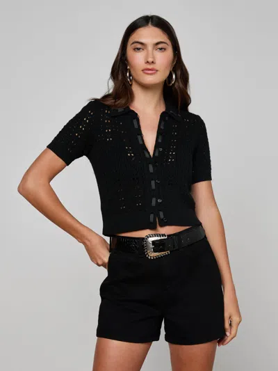 L'agence Ninette Pointelle Grosgrain Short Sleeve Cardigan In Black