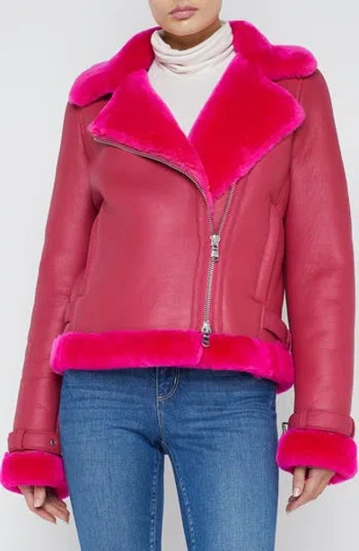 L'agence Niri Genuine Shearling Moto Jacket In Pink