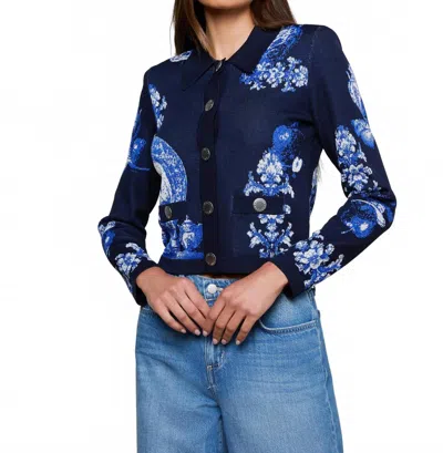 L'agence Osiris Jacquard Cardigan In Black/blue Porcelain Print