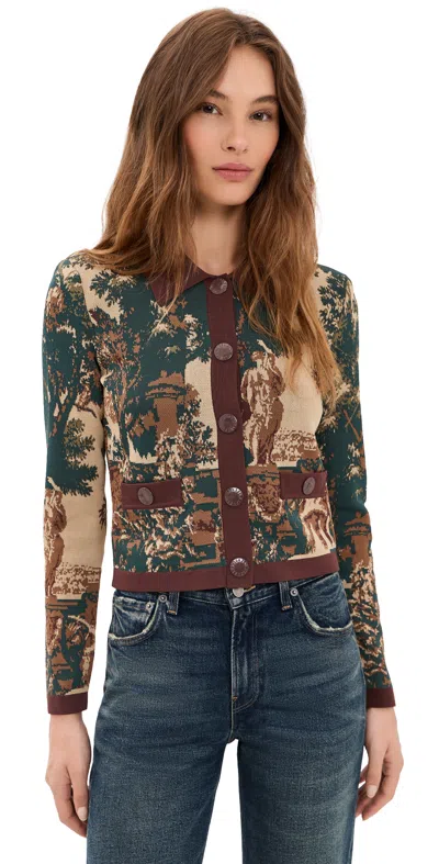 L'agence Osiris Jacquard Collared Cardigan Multi Scenic Tapestry Print In Green