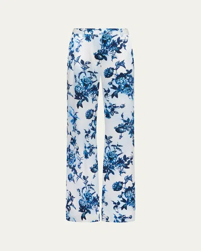 L'agence Pilar Rose Print Wide Leg Silk Pants In White