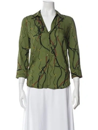 Pre-owned L'agence Patterned V-neck Blouse In Green