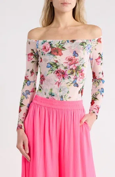 L'agence Peonie Off The Shoulder Long Sleeve Mesh Bodysuit In Light Pink Multi Femme Rose