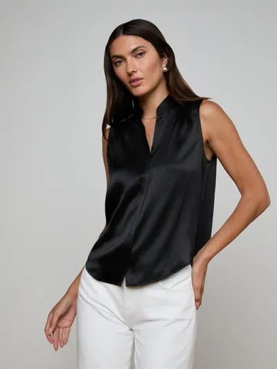 L'agence Phoebe Sleeveless Band Collar Silk Top In Black