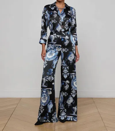 L'agence Pilar Silk Wide-leg Pant In Black/blue Large Porcelain In Multi