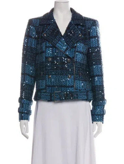 Pre-owned L'agence Plaid Print Biker Jacket In Blue