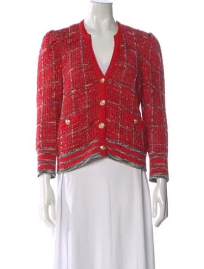 Pre-owned L'agence Plaid Print Open Front Sweater In Red
