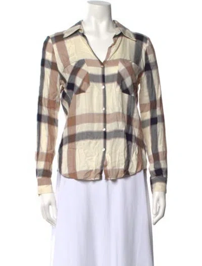 Pre-owned L'agence Plaid Print V-neck Button-up Top In Neutral