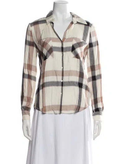 Pre-owned L'agence Plaid Print V-neck Button-up Top In Neutrals