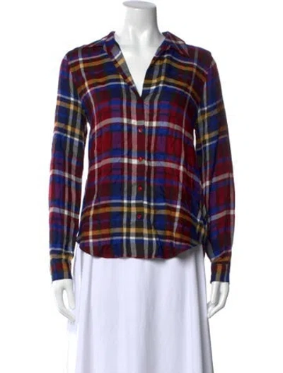 Pre-owned L'agence Plaid Print V-neck Button-up Top In Red