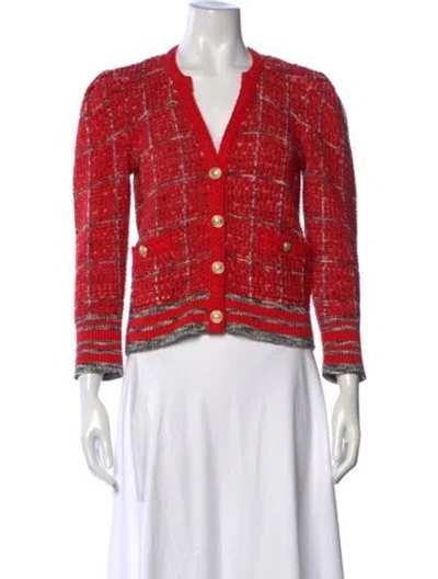 Pre-owned L'agence Plaid Print V-neck Sweater In Red