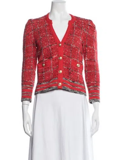 Pre-owned L'agence Plaid Print V-neck Sweater In Red