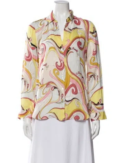 Pre-owned L'agence Printed Long Sleeve Blouse In White