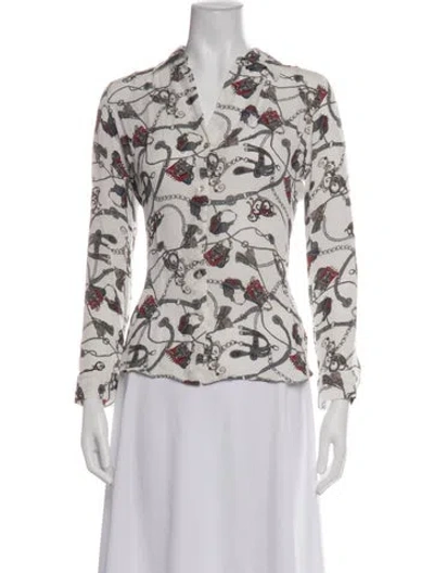 Pre-owned L'agence Printed Long Sleeve Blouse In White