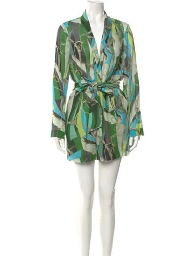 Pre-owned L'agence Printed Plunge Neckline Romper In Green