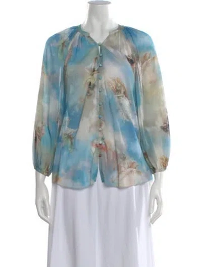 Pre-owned L'agence Printed V-neck Blouse In Blue